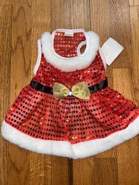 Small Dog Red Sequin Holiday Dress with Gold Bow NWT